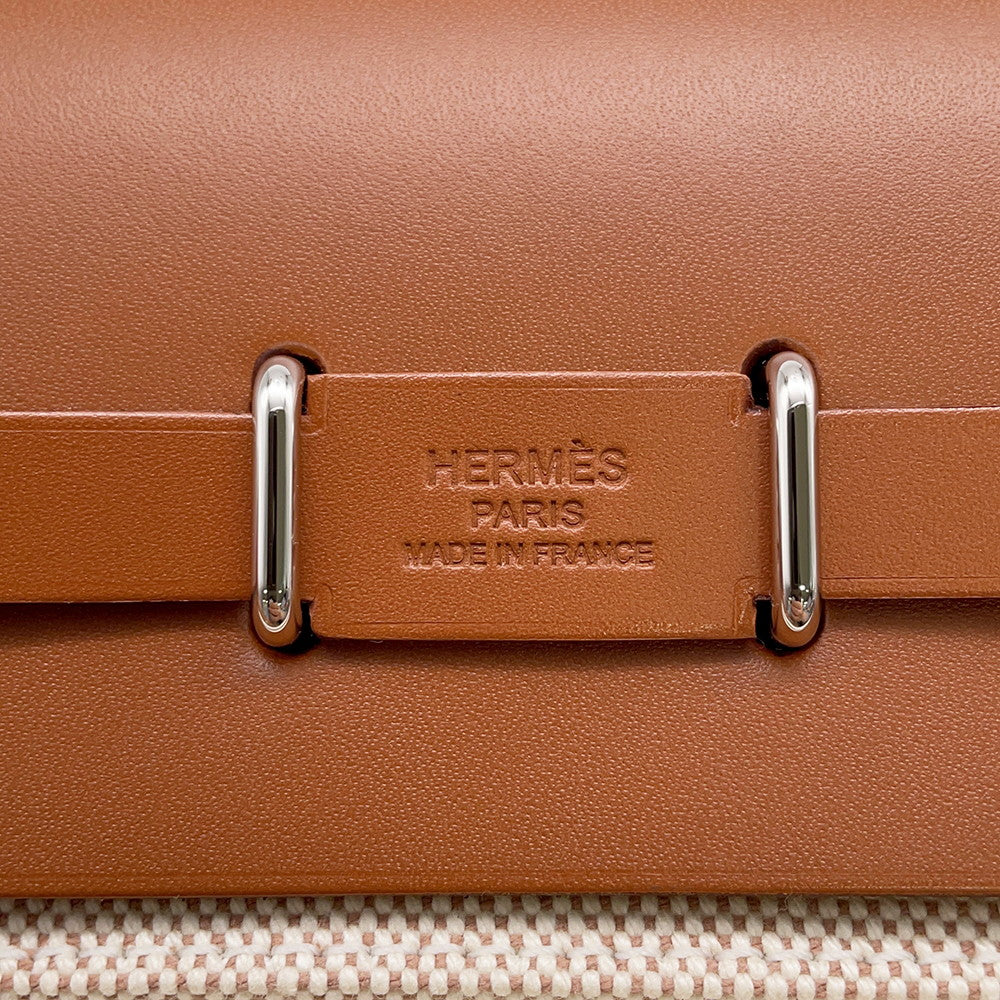 HERMES Herbag zip Ecru/Fauve Toile H Vache Hunter Leather Size Mini