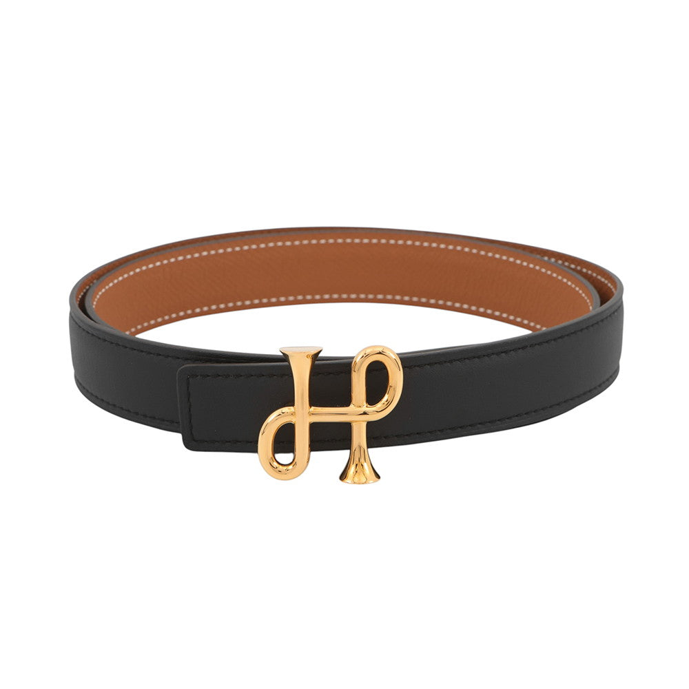 HERMES KohlBaroque Belt Size 31.5" Black/Gold Epsom Box Calf Leather