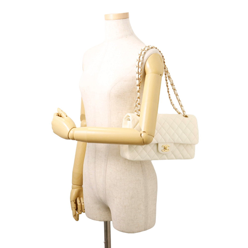 CHANEL Matelasse Double Flap Chain Shoulder Bag WhiteA01112 Lambskin Size 25