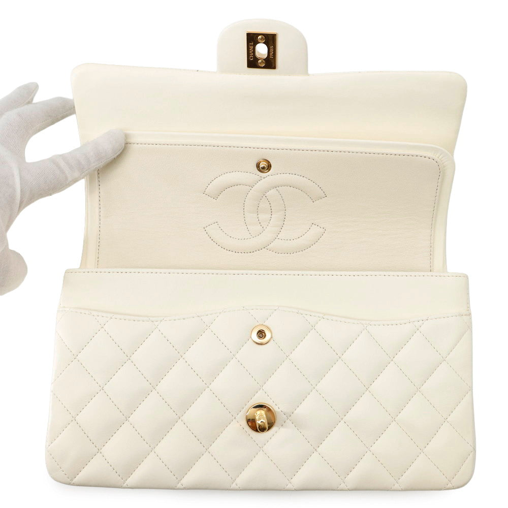 CHANEL Matelasse Double Flap Chain Shoulder Bag WhiteA01112 Lambskin Size 25
