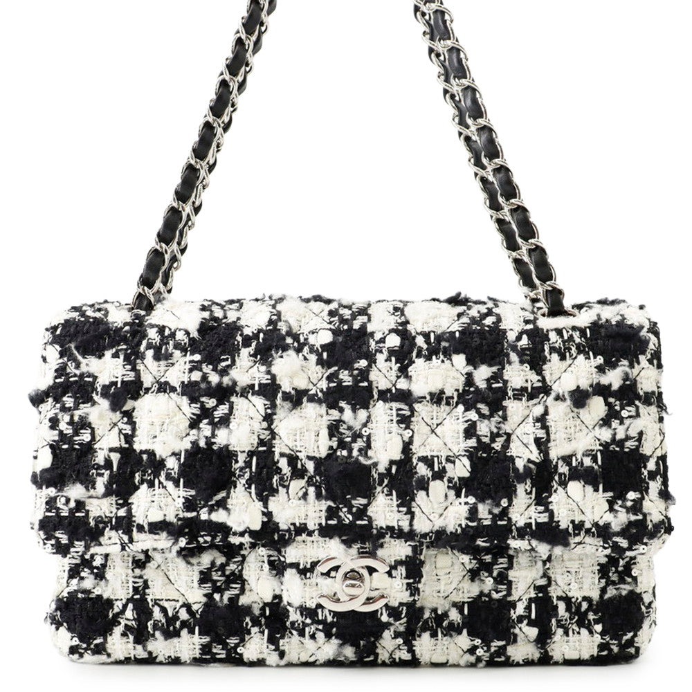CHANEL Matelasse Double Flap Chain Shoulder Bag Black/WhiteA01112 Tweed Size 25