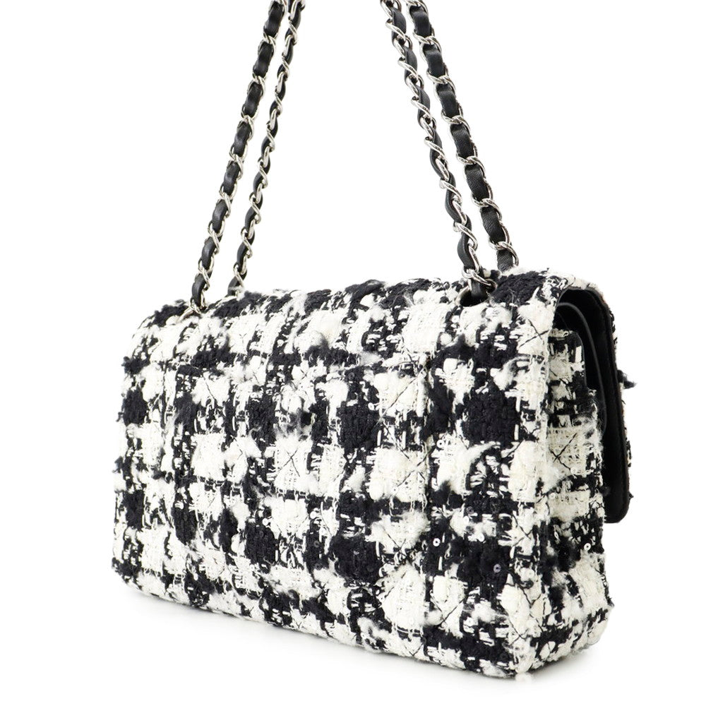 CHANEL Matelasse Double Flap Chain Shoulder Bag Black/WhiteA01112 Tweed Size 25