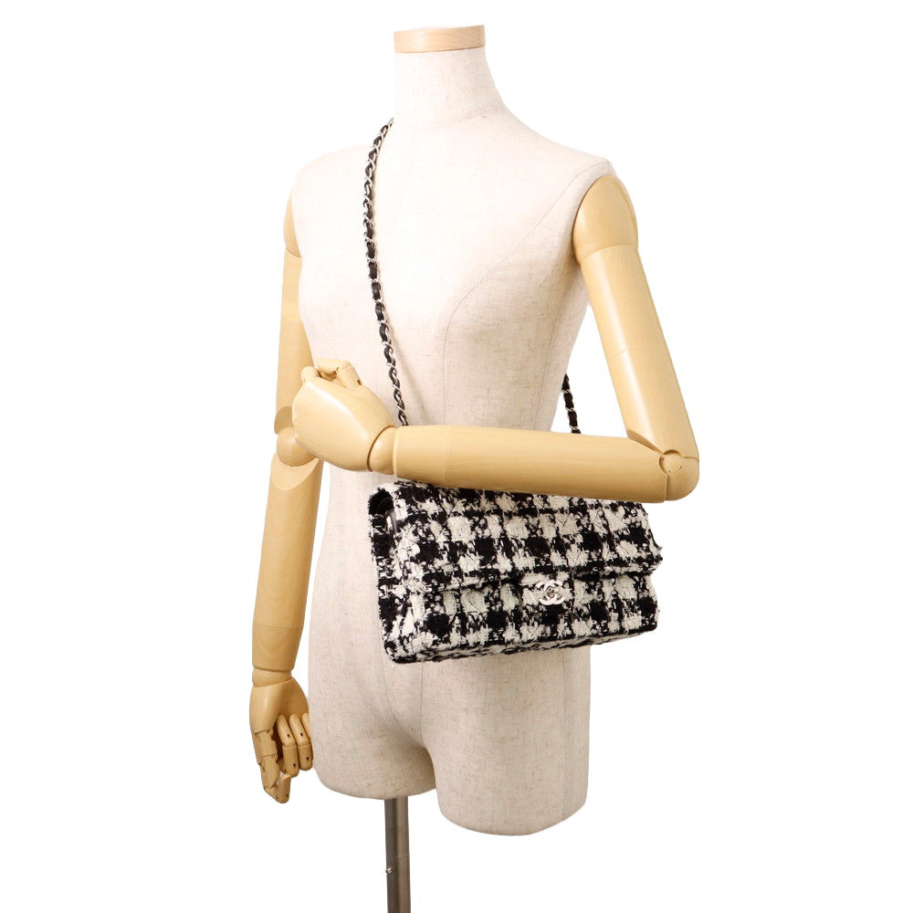 CHANEL Matelasse Double Flap Chain Shoulder Bag Black/WhiteA01112 Tweed Size 25