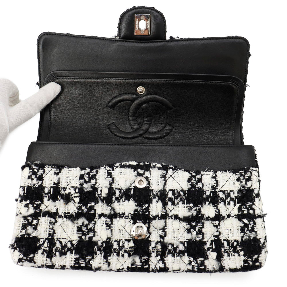 CHANEL Matelasse Double Flap Chain Shoulder Bag Black/WhiteA01112 Tweed Size 25