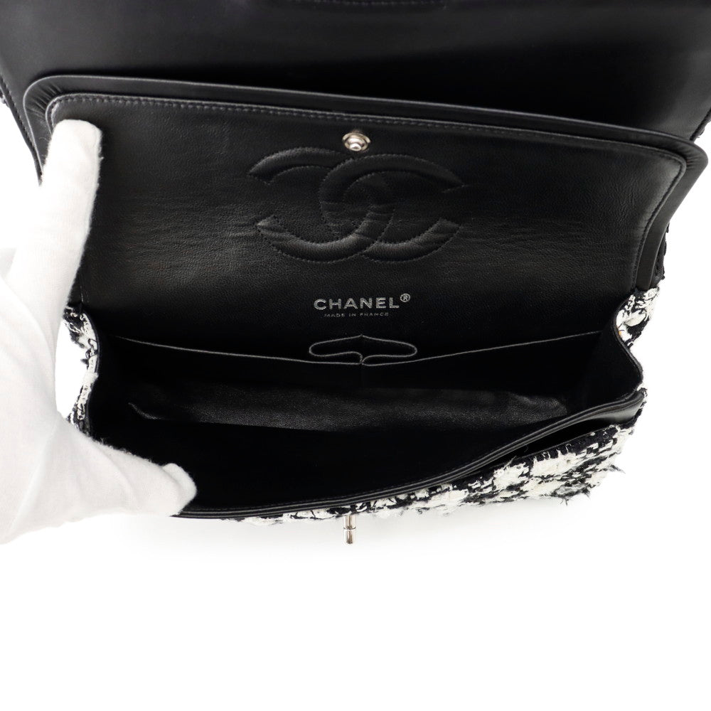 CHANEL Matelasse Double Flap Chain Shoulder Bag Black/WhiteA01112 Tweed Size 25