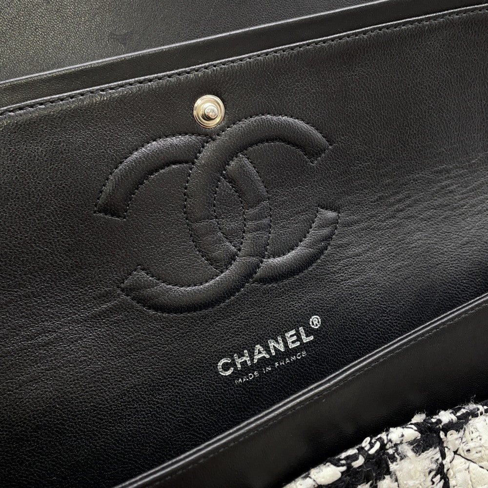 CHANEL Matelasse Double Flap Chain Shoulder Bag Black/WhiteA01112 Tweed Size 25