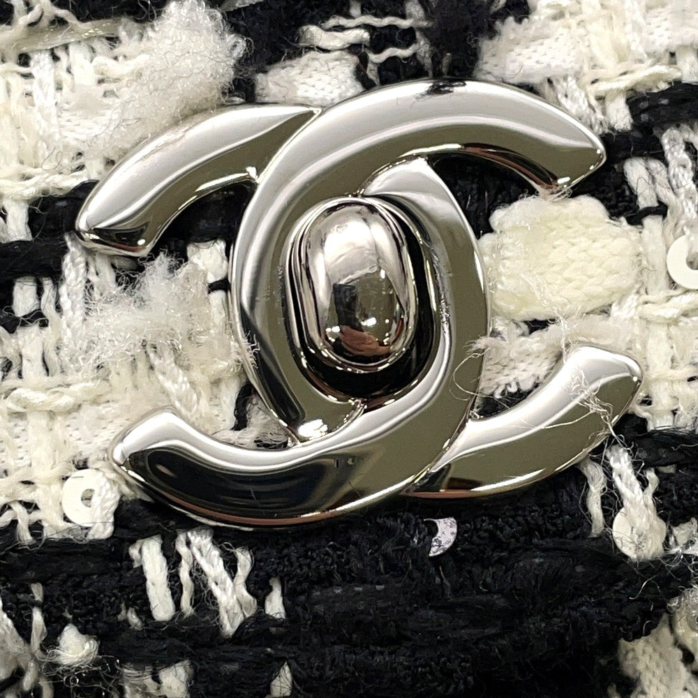 CHANEL Matelasse Double Flap Chain Shoulder Bag Black/WhiteA01112 Tweed Size 25