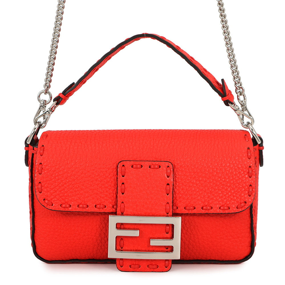 FENDI Selleria Baguette 2-Way Chain Shoulder Bag Red8BS017 Leather Size Mini