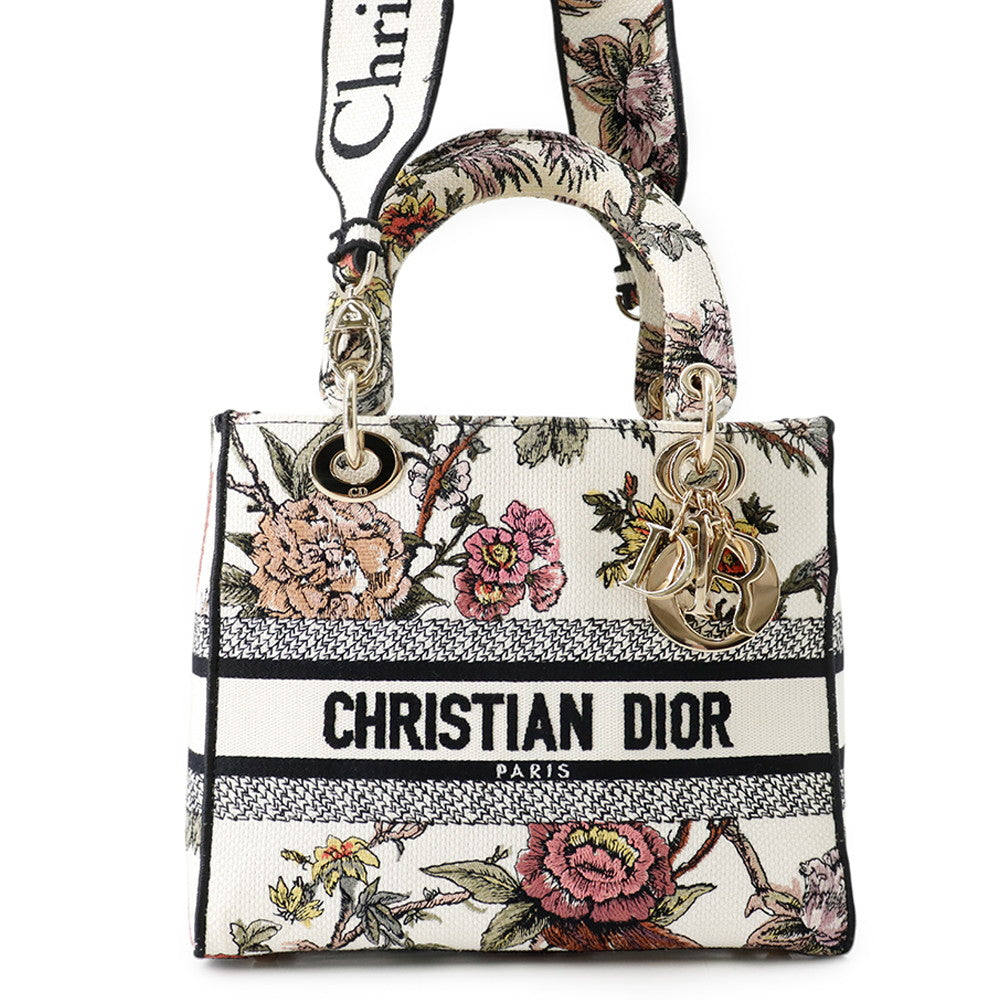 Dior Lady D-Lite 2WAY Bag White/Multicolor Canvas Size Medium