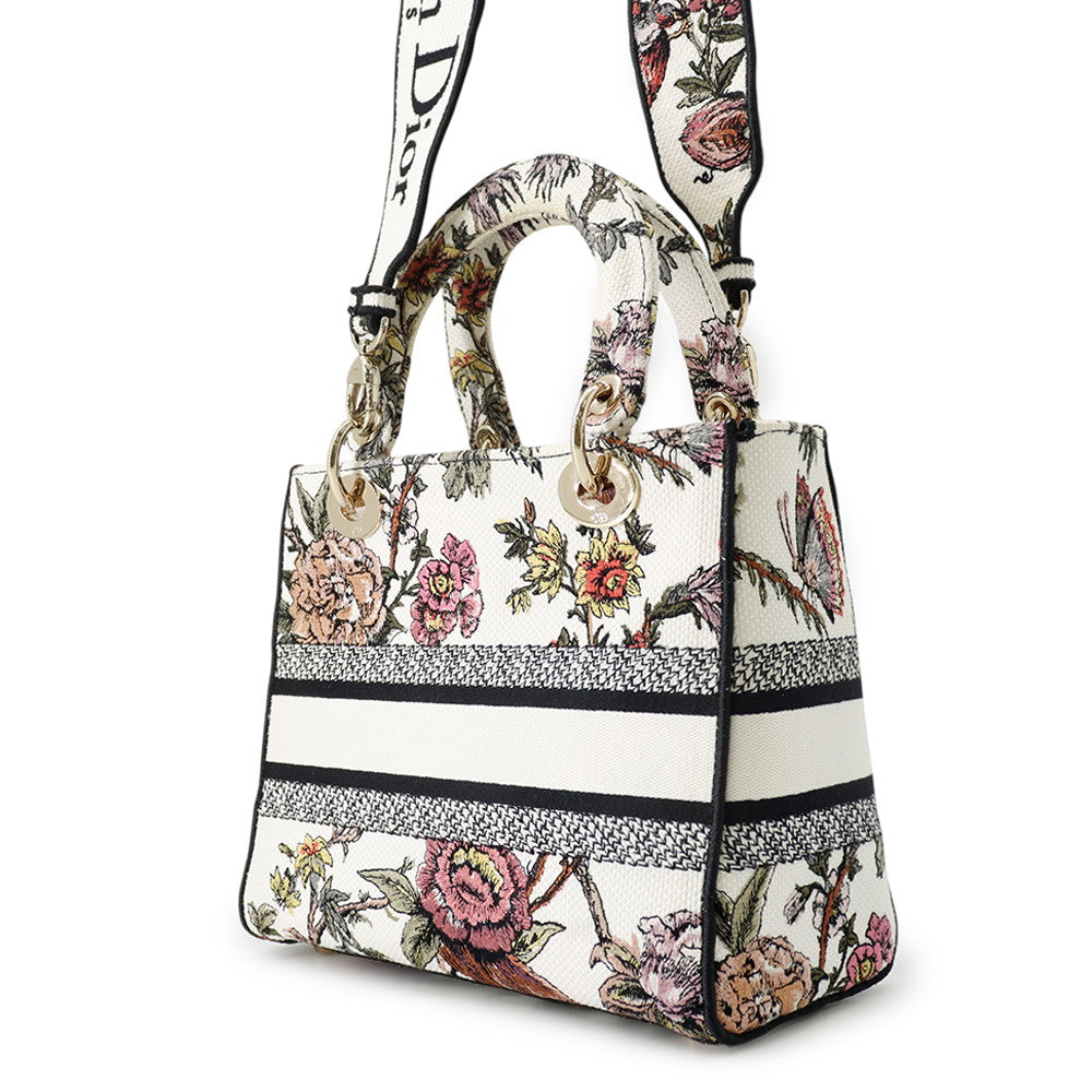 Dior Lady D-Lite 2WAY Bag White/Multicolor Canvas Size Medium