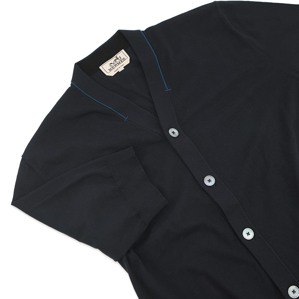 HERMES Short-sleeved cardigan 《H Baltack》 Size S Navy Cotton100%