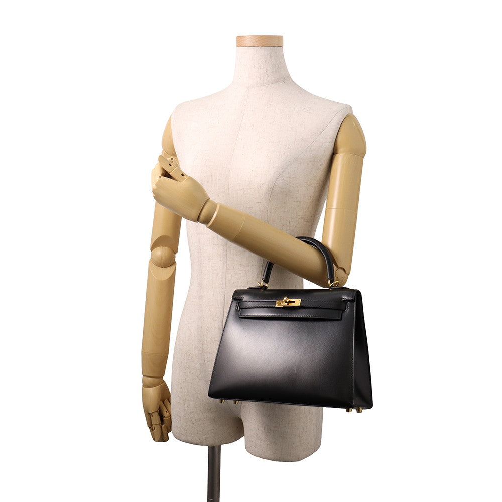 HERMES Kelly Sellier Black Box Calf Leather Size 25