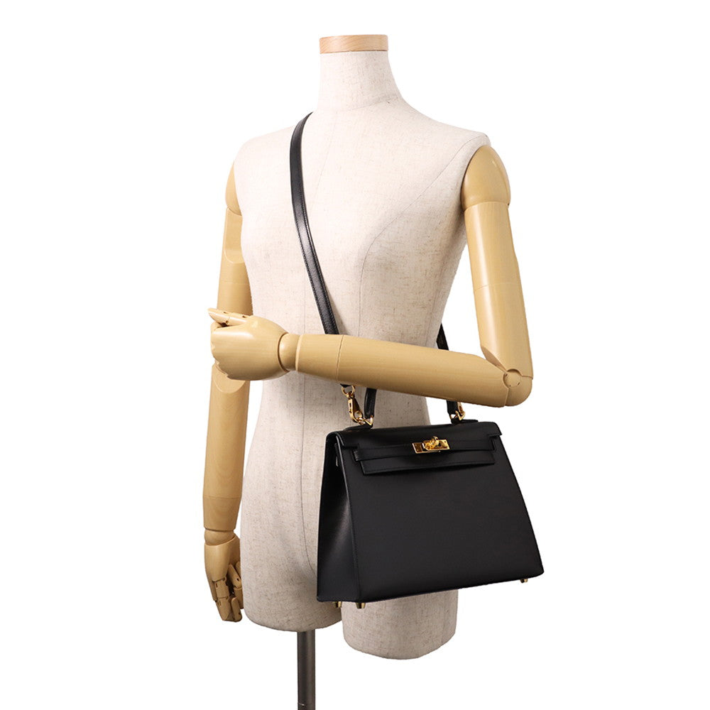 HERMES Kelly Sellier Black Box Calf Leather Size 25
