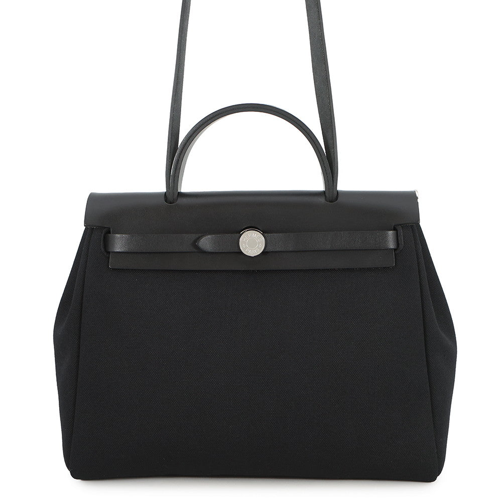 HERMES Herbag Zip SPO Black Toile Officier Vache Hunter Leather Size PM