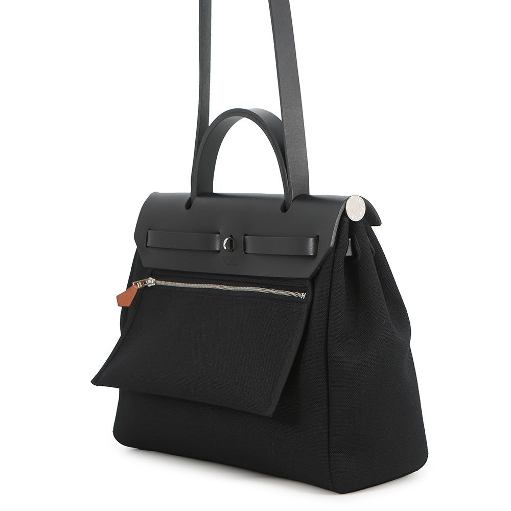 HERMES Herbag Zip SPO Black Toile Officier Vache Hunter Leather Size PM