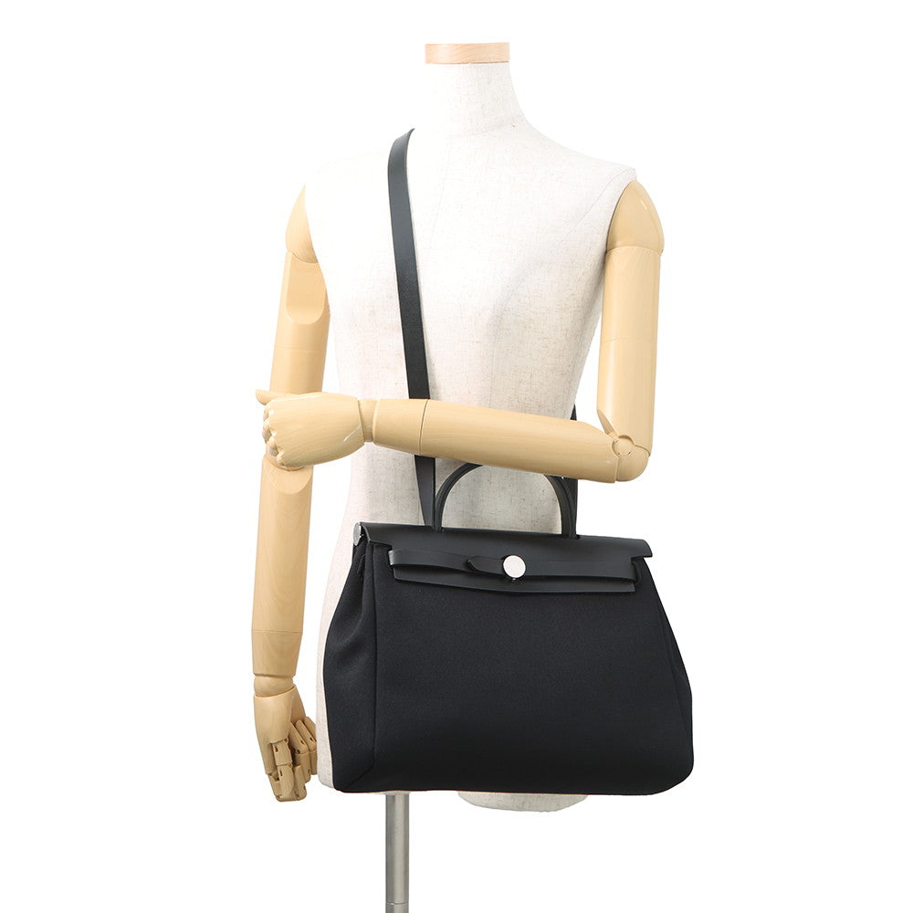HERMES Herbag Zip SPO Black Toile Officier Vache Hunter Leather Size PM