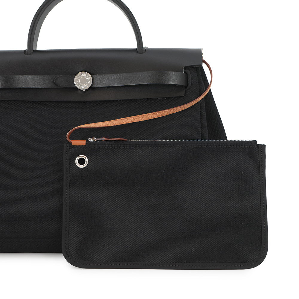 HERMES Herbag Zip SPO Black Toile Officier Vache Hunter Leather Size PM