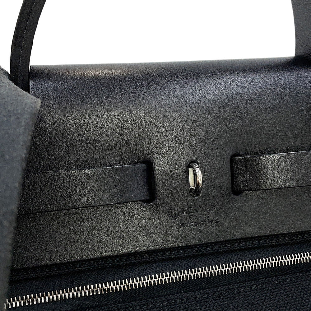 HERMES Herbag Zip SPO Black Toile Officier Vache Hunter Leather Size PM