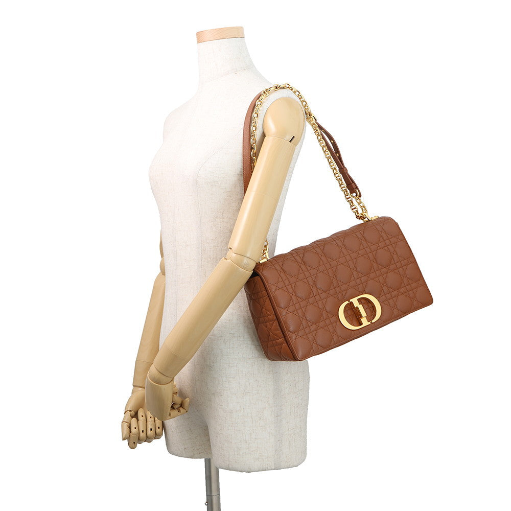 Dior Caro ChainShoulder Bag Brown Leather Size Large