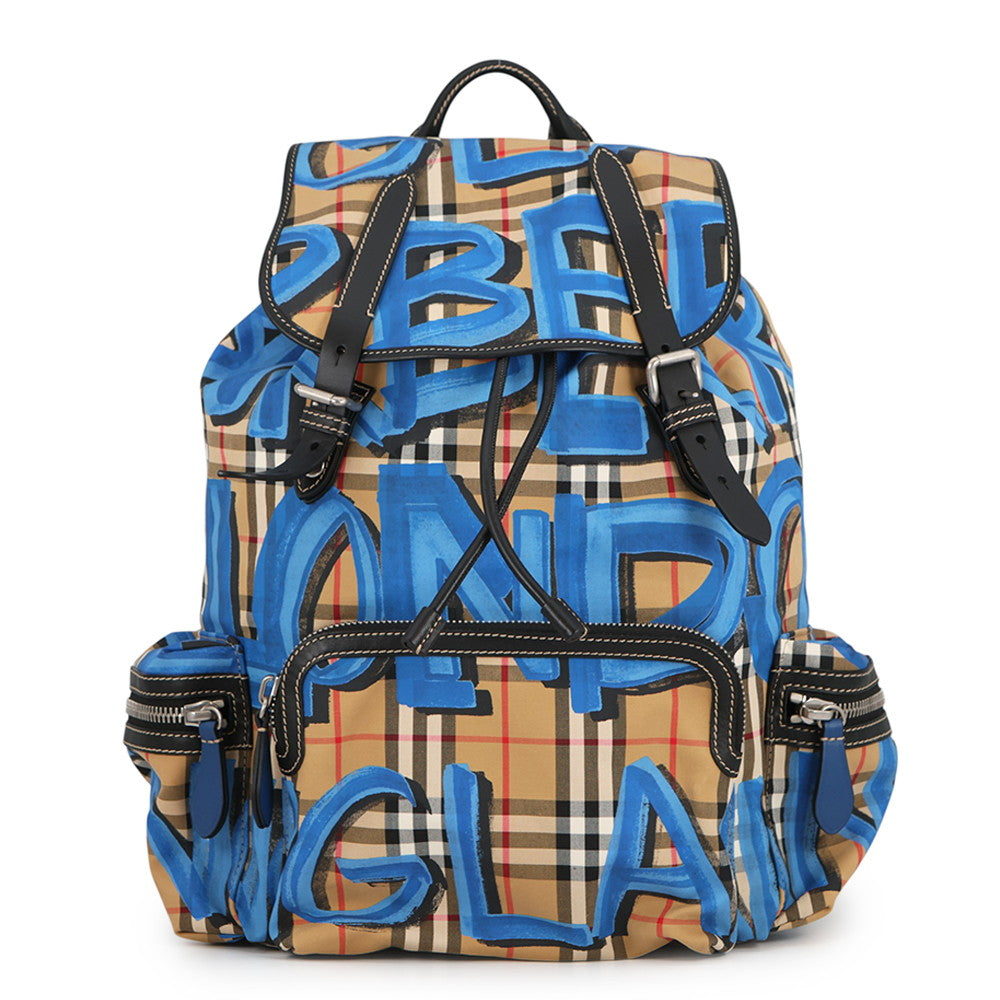 BURBERRY Check Pattern Graffiti Backpack Blue/Antique yellow4076962 Nylon Leather