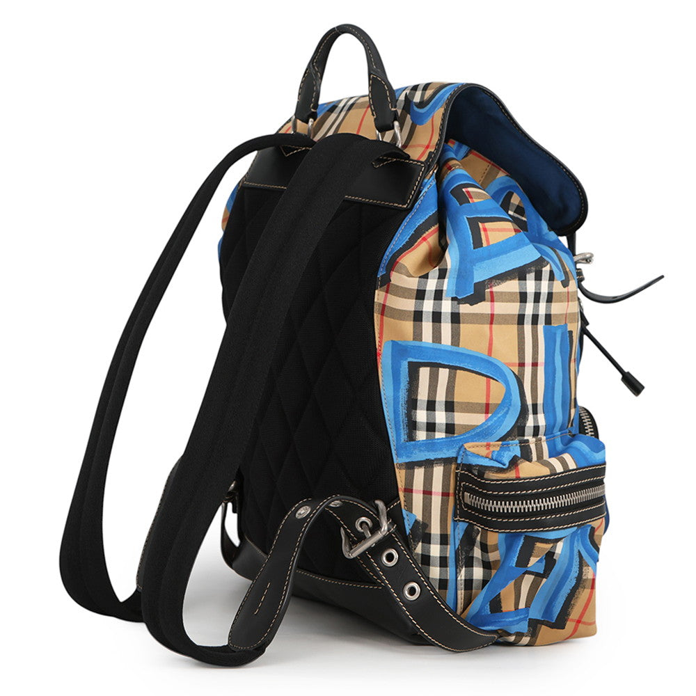 BURBERRY Check Pattern Graffiti Backpack Blue/Antique yellow4076962 Nylon Leather