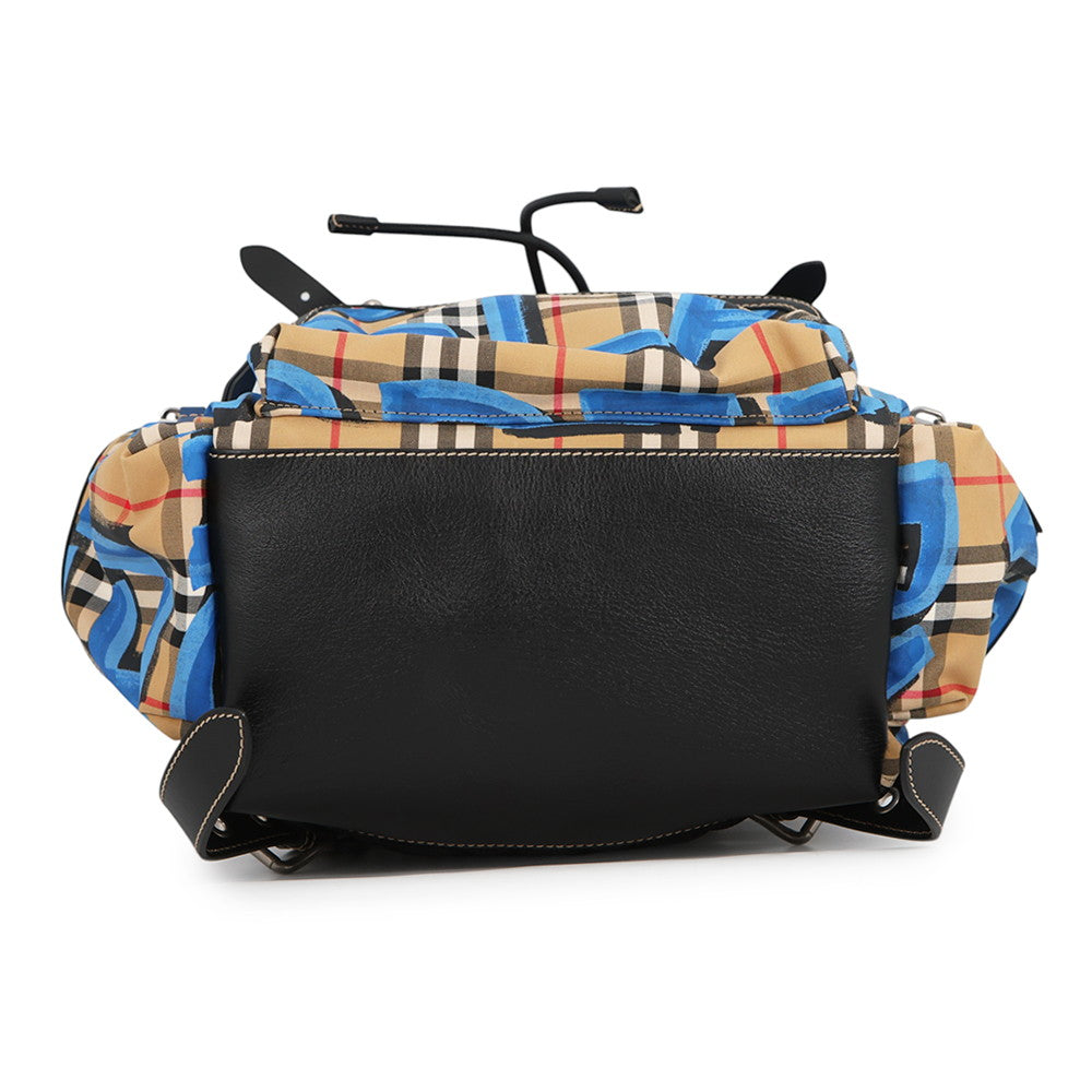 BURBERRY Check Pattern Graffiti Backpack Blue/Antique yellow4076962 Nylon Leather