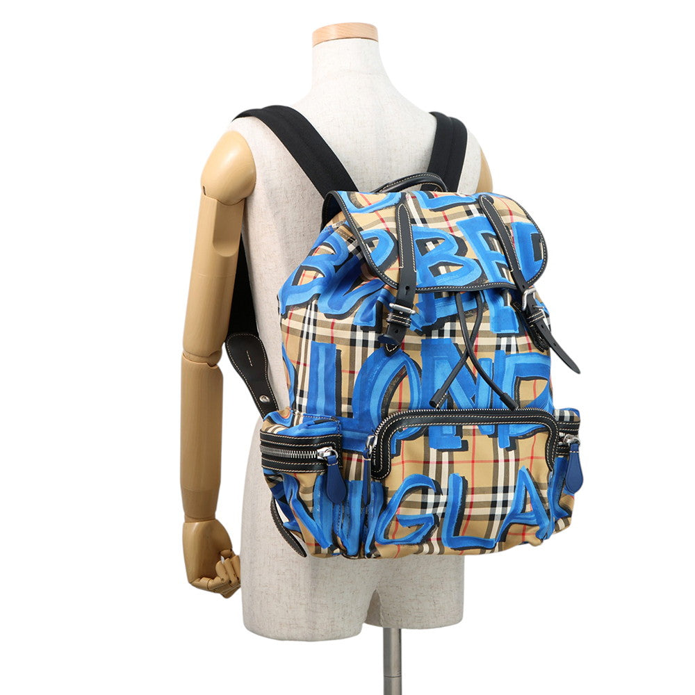 BURBERRY Check Pattern Graffiti Backpack Blue/Antique yellow4076962 Nylon Leather