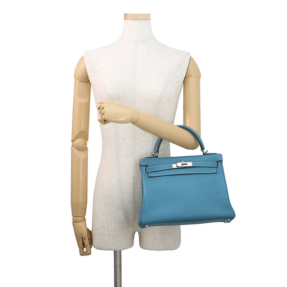 HERMES Kelly Retourne Blue Jean Evergrain Size 28