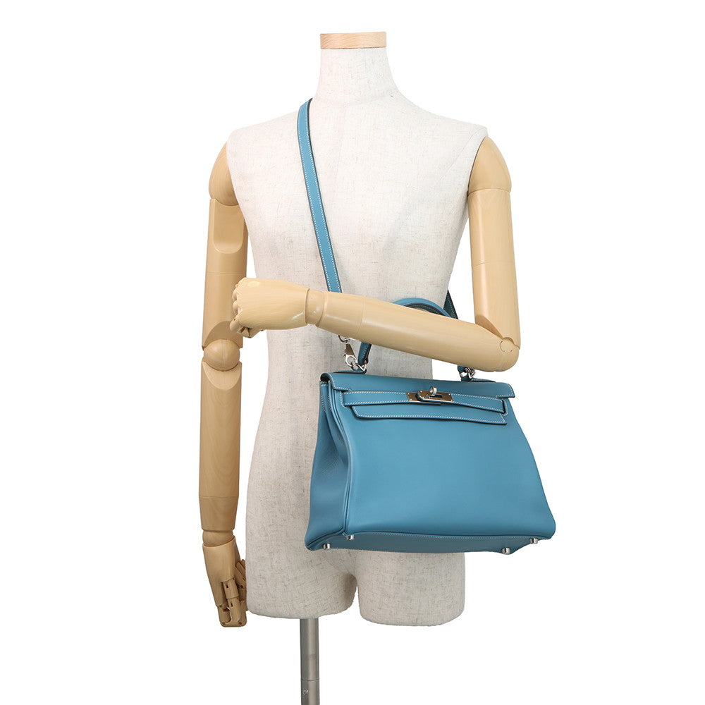 HERMES Kelly Retourne Blue Jean Evergrain Size 28