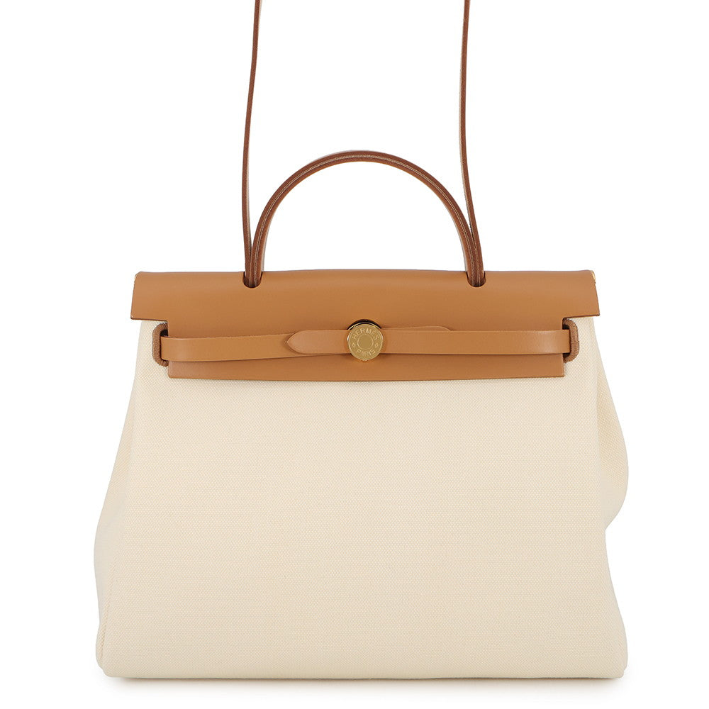 HERMES Herbag Zip Le Tourne Beton/Natural Sable Toile H Vache Hunter Leather Size PM