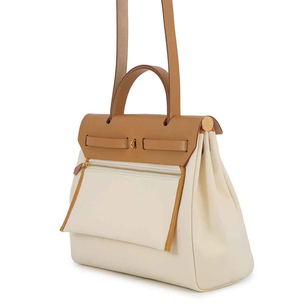 HERMES Herbag Zip Le Tourne Beton/Natural Sable Toile H Vache Hunter Leather Size PM
