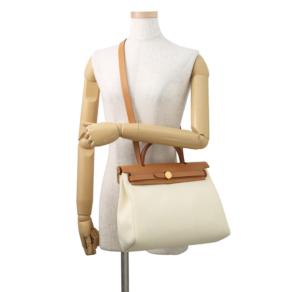 HERMES Herbag Zip Le Tourne Beton/Natural Sable Toile H Vache Hunter Leather Size PM