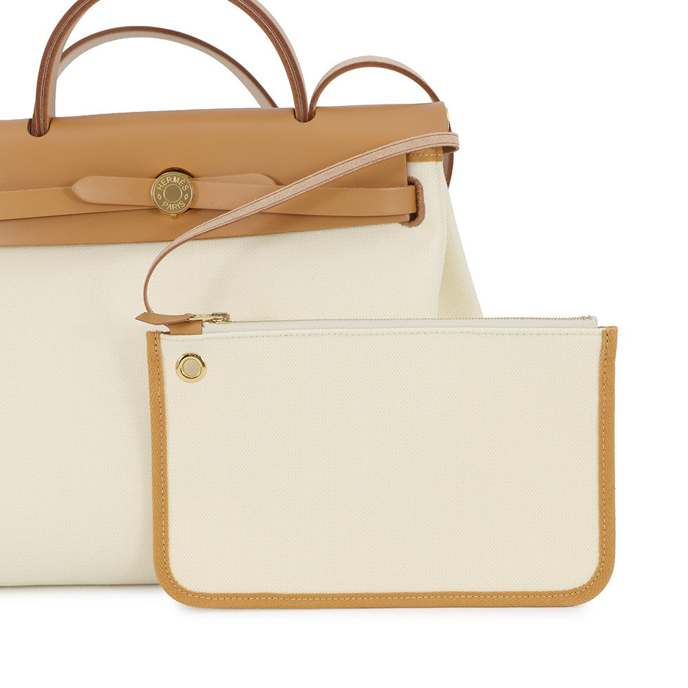 HERMES Herbag Zip Le Tourne Beton/Natural Sable Toile H Vache Hunter Leather Size PM