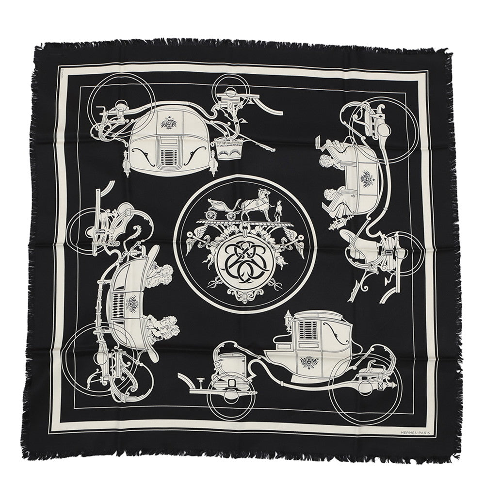 HERMES Carre H EX-LIBRIS Fringe Size 80 Black/White Silk100%