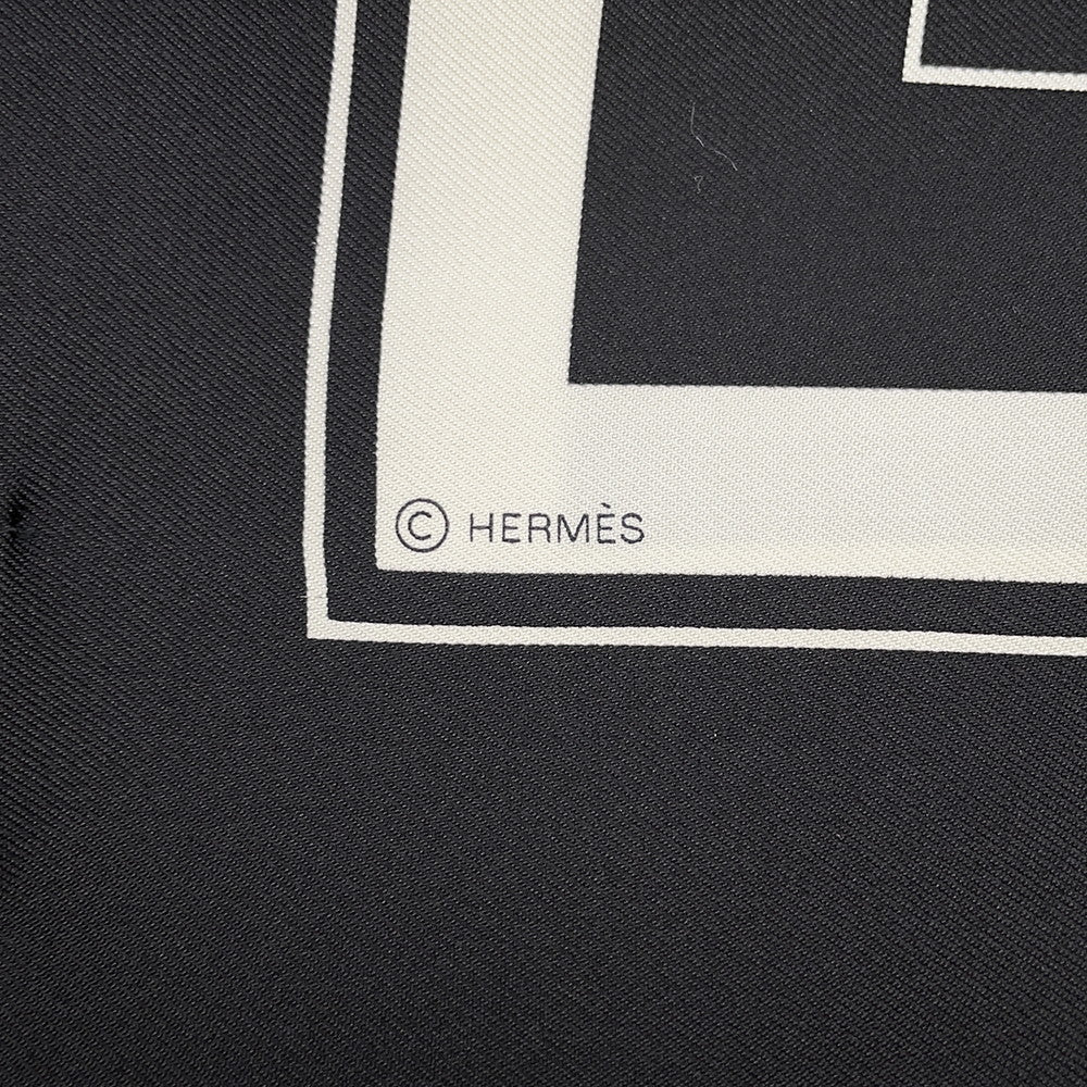 HERMES Carre H EX-LIBRIS Fringe Size 80 Black/White Silk100%