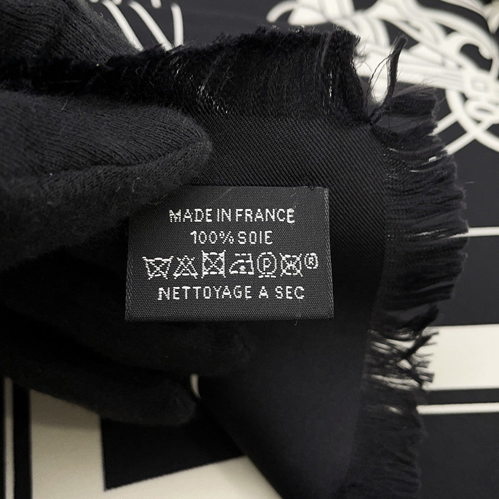 HERMES Carre H EX-LIBRIS Fringe Size 80 Black/White Silk100%