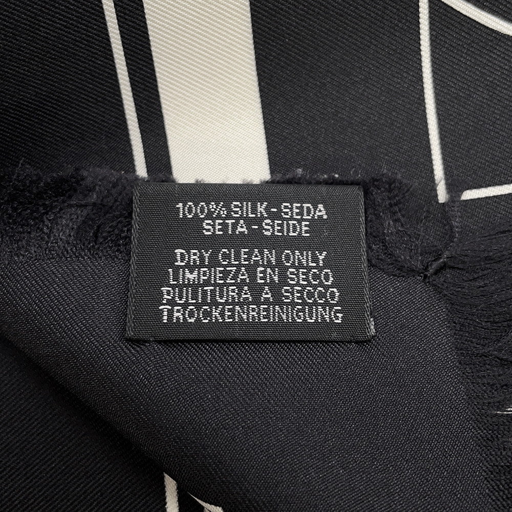 HERMES Carre H EX-LIBRIS Fringe Size 80 Black/White Silk100%