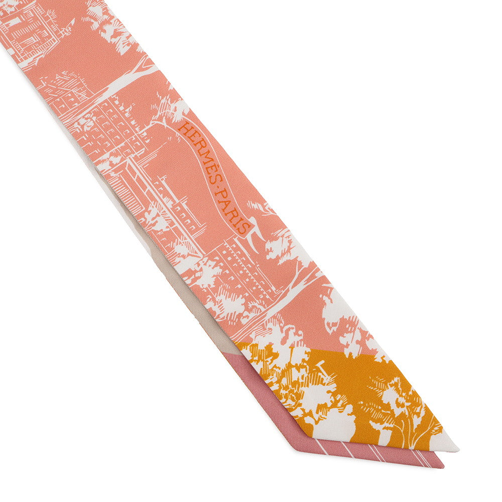 HERMES Twilly from the shadows of the Boulevard Blush / Jaune Doll / White Silk100%