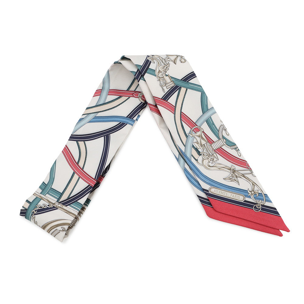 HERMES Twilly Legendary Harness White/Blue, Jean/Bois de Rose Silk100%