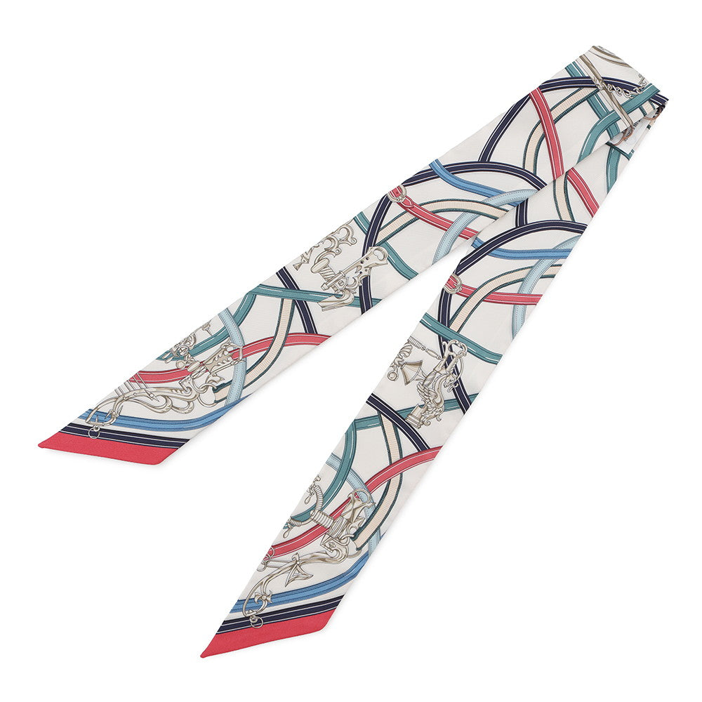 HERMES Twilly Legendary Harness White/Blue, Jean/Bois de Rose Silk100%