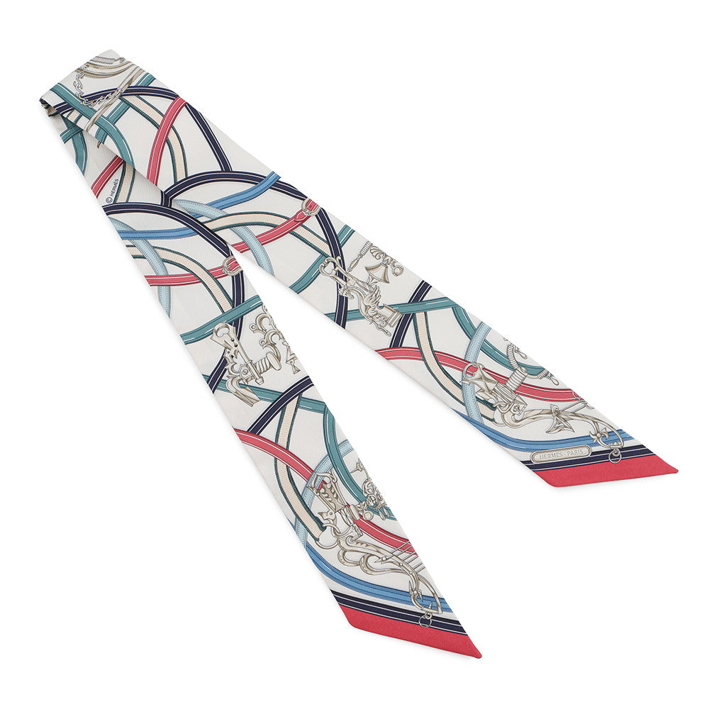 HERMES Twilly Legendary Harness White/Blue, Jean/Bois de Rose Silk100%