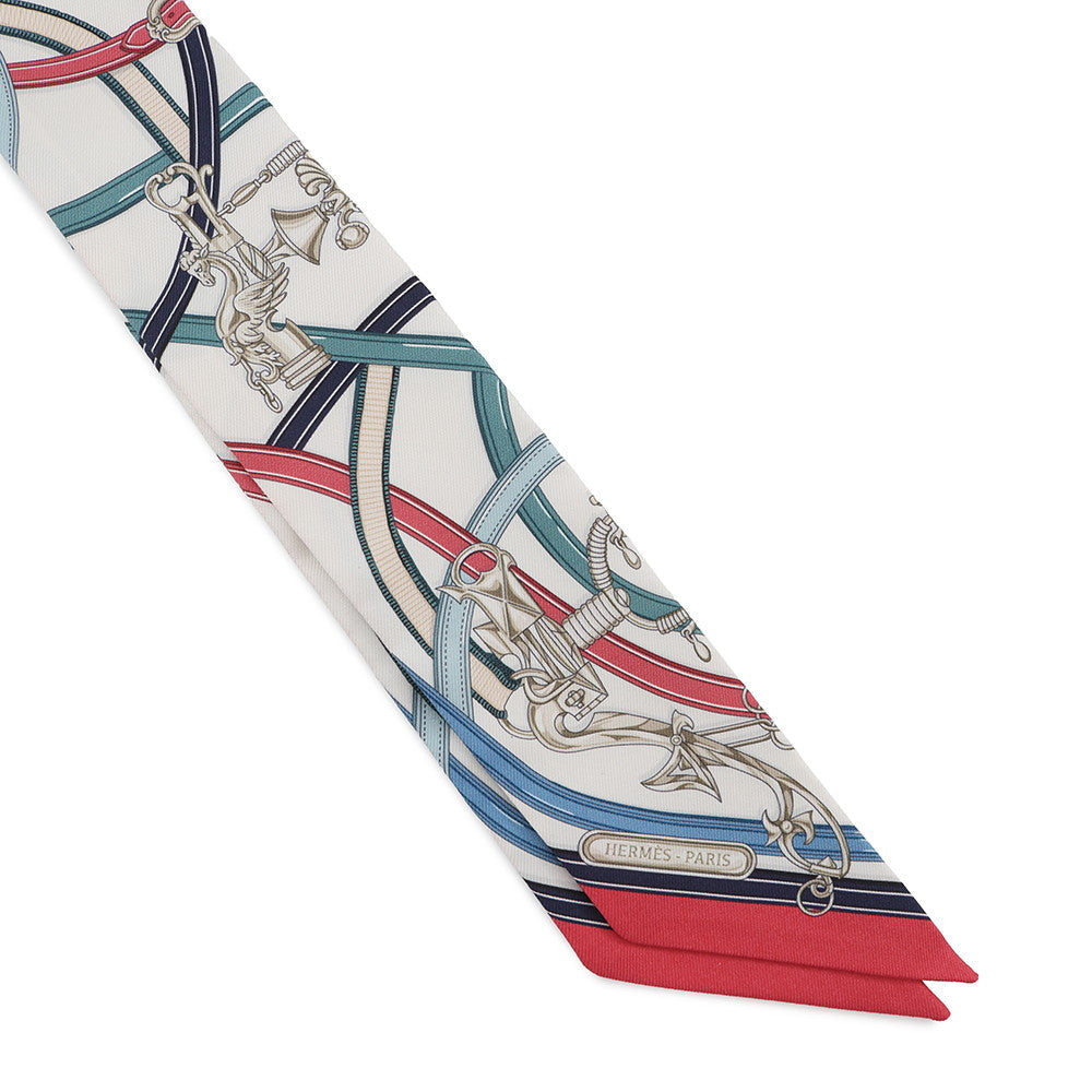 HERMES Twilly Legendary Harness White/Blue, Jean/Bois de Rose Silk100%