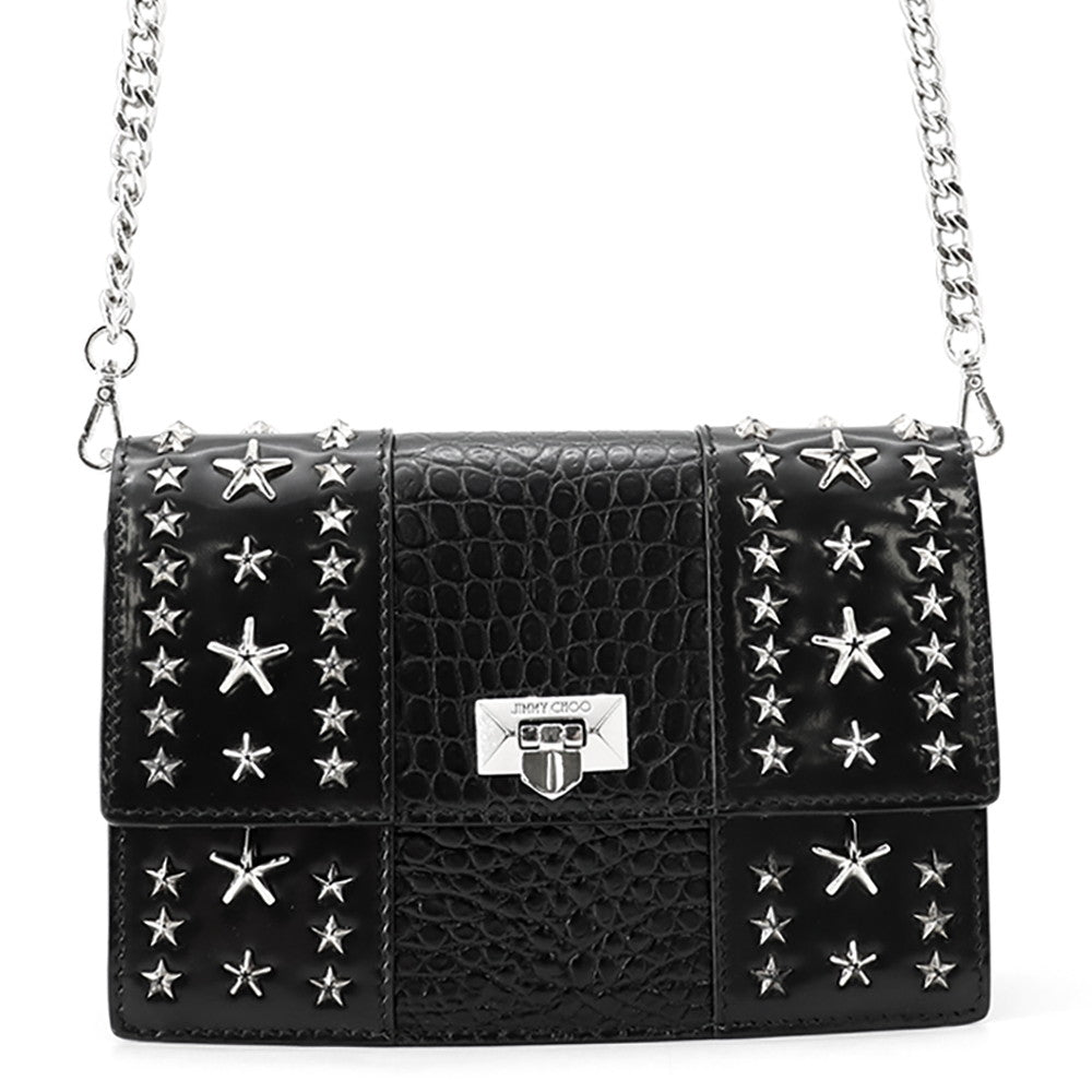 JIMMY CHOO Star Studded Chain Shoulder Bag Black Croco embossed leather