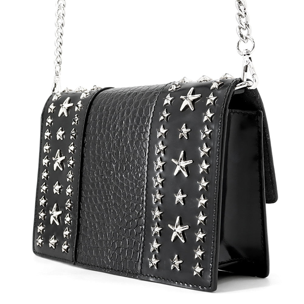 JIMMY CHOO Star Studded Chain Shoulder Bag Black Croco embossed leather