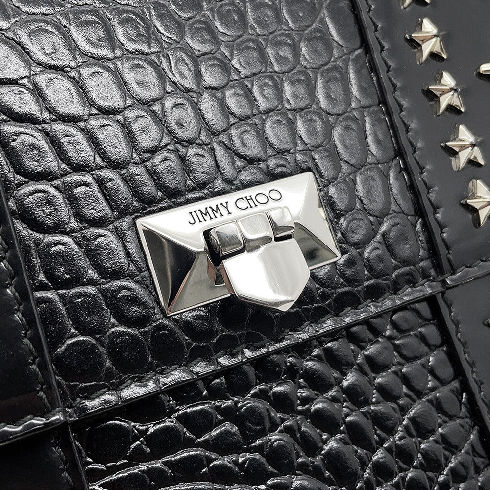 JIMMY CHOO Star Studded Chain Shoulder Bag Black Croco embossed leather