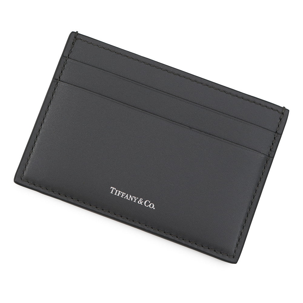 TIFFANY&Co. Logo Card Case Gray Leather