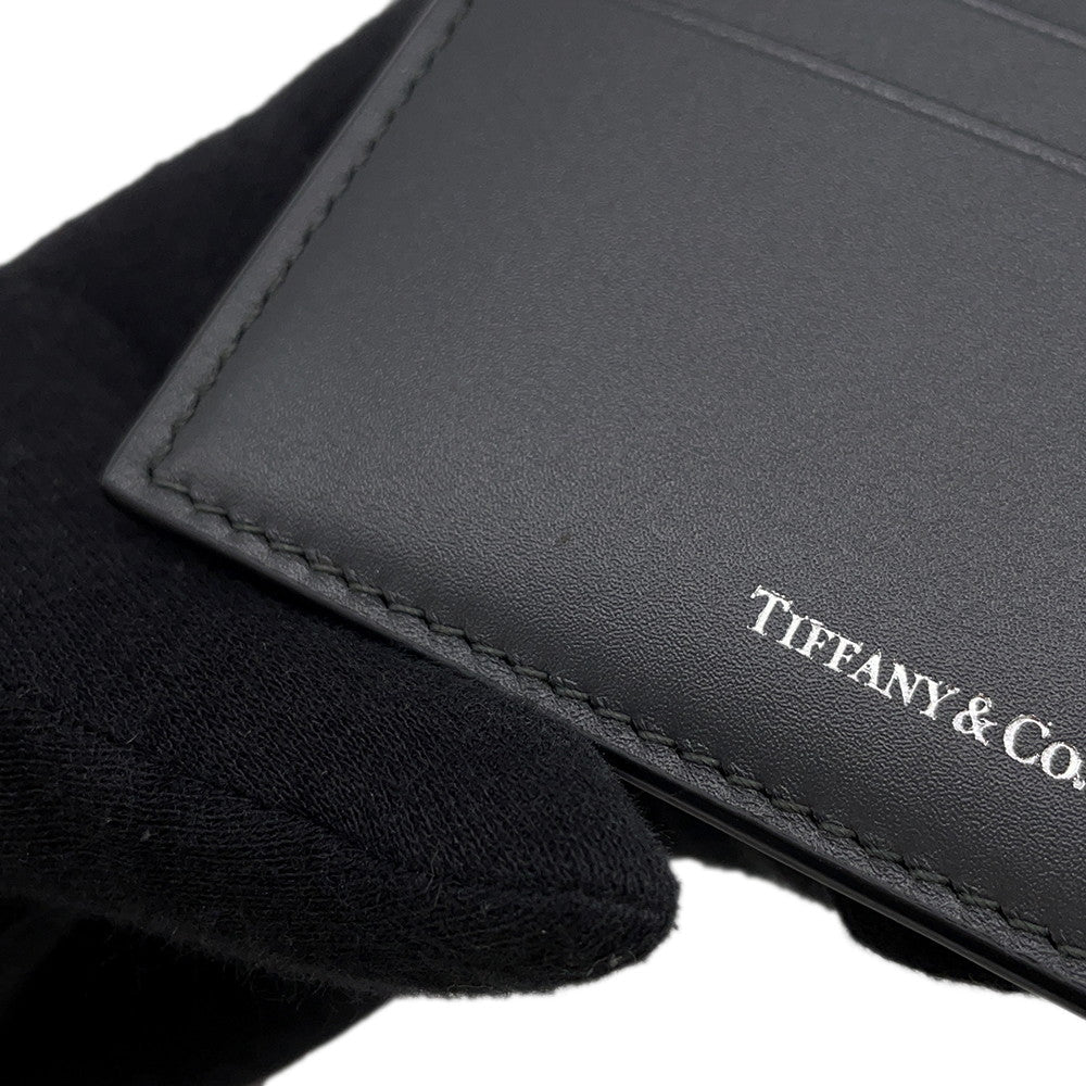 TIFFANY&Co. Logo Card Case Gray Leather