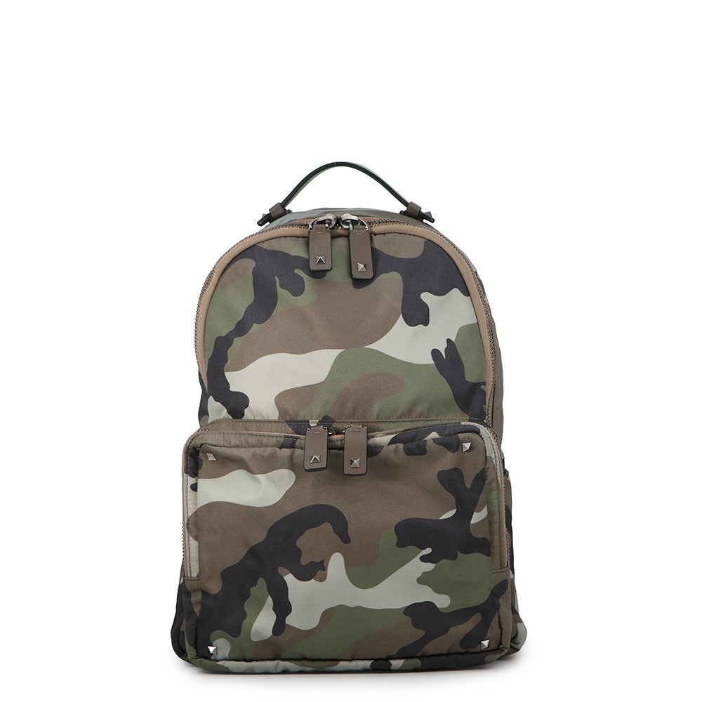 Valentino Garavani Rock Studded Camouflage Backpack Khaki Nylon