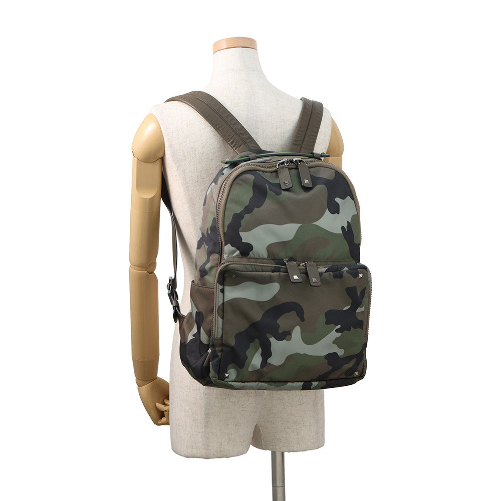 Valentino Garavani Rock Studded Camouflage Backpack Khaki Nylon