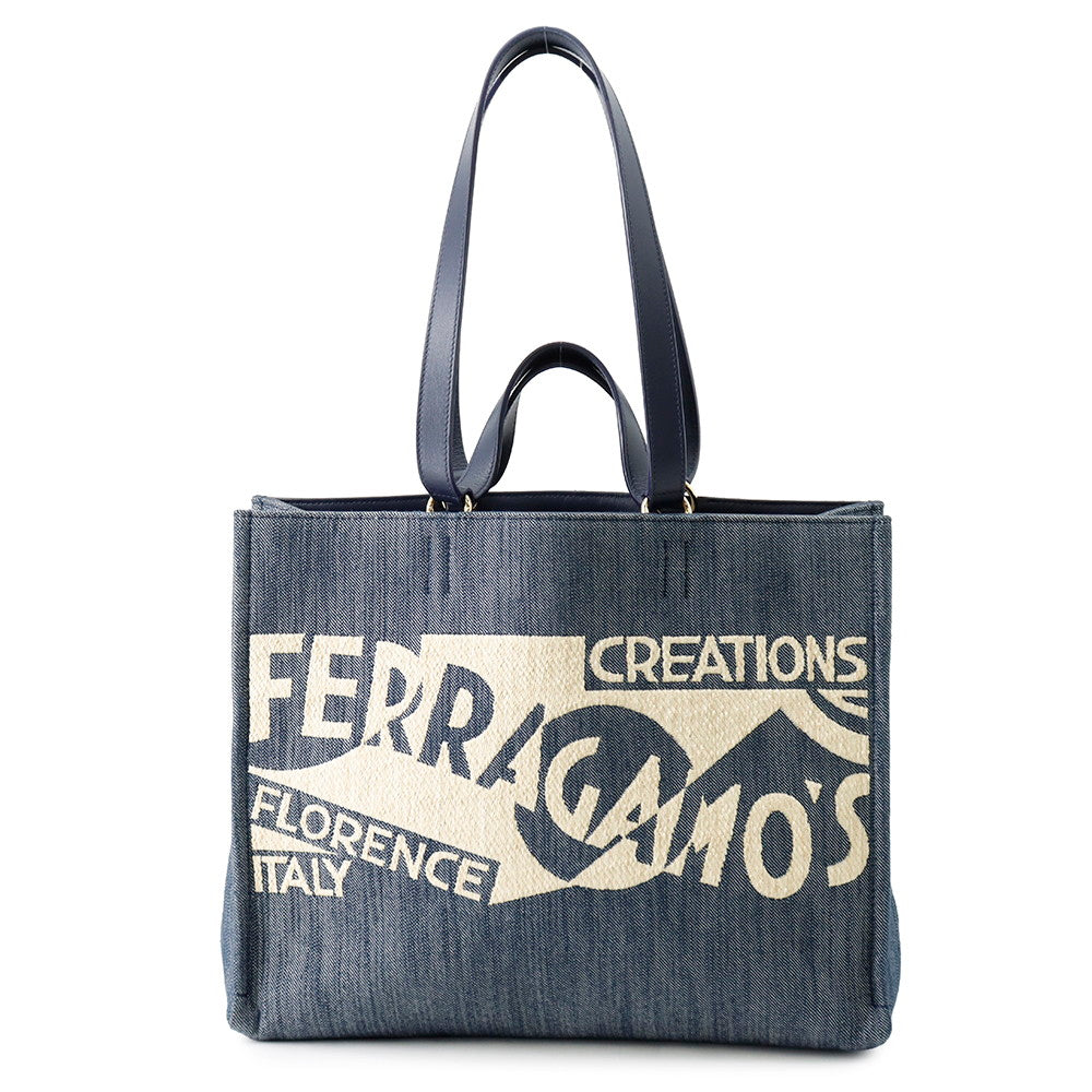 Ferragamo Logo 2-Way Denim Tote Bag Blue Cotton